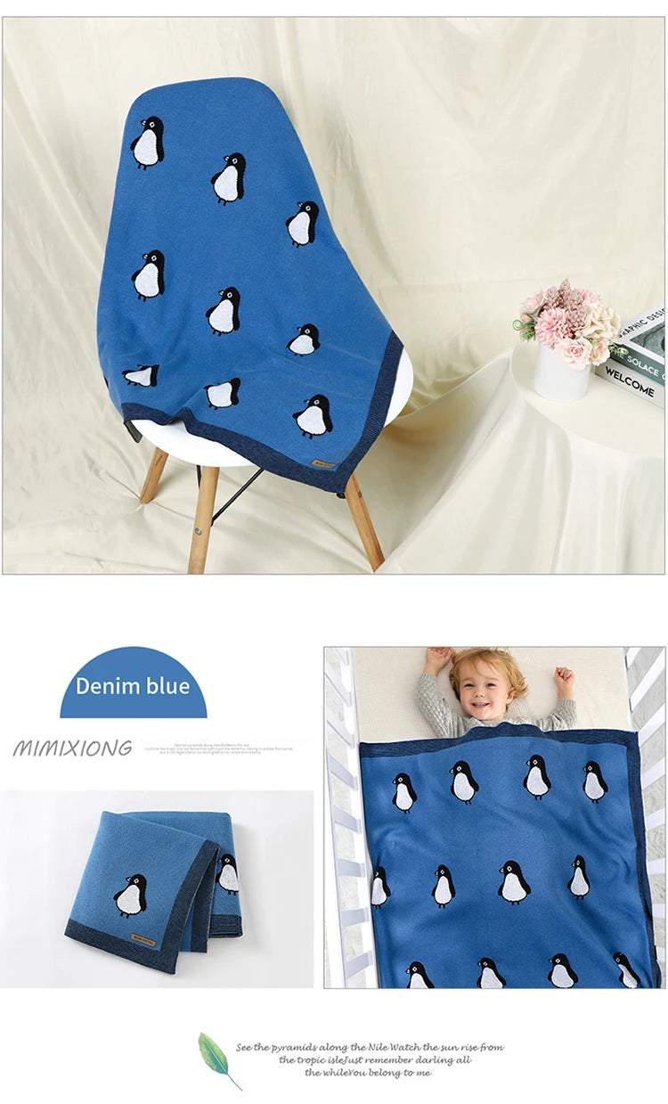 Newborn Baby Blanket Cotton Plaid Knit Toddler Boy Girl Stroller Wrap Swaddle Infant Bed Sleeping Covers Cute Penguin Soft Quilt