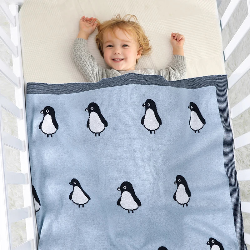 Newborn Baby Blanket Cotton Plaid Knit Toddler Boy Girl Stroller Wrap Swaddle Infant Bed Sleeping Covers Cute Penguin Soft Quilt