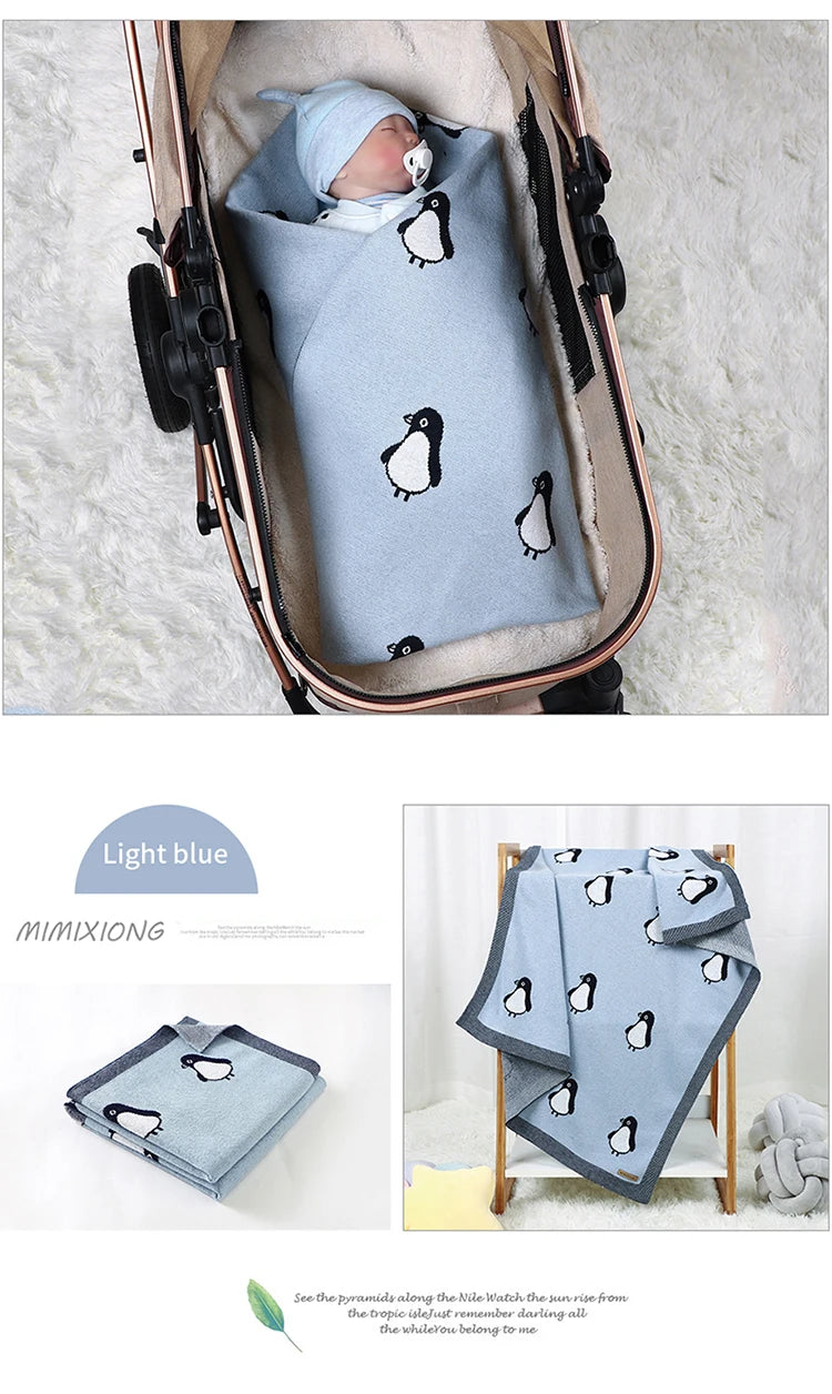 Newborn Baby Blanket Cotton Plaid Knit Toddler Boy Girl Stroller Wrap Swaddle Infant Bed Sleeping Covers Cute Penguin Soft Quilt