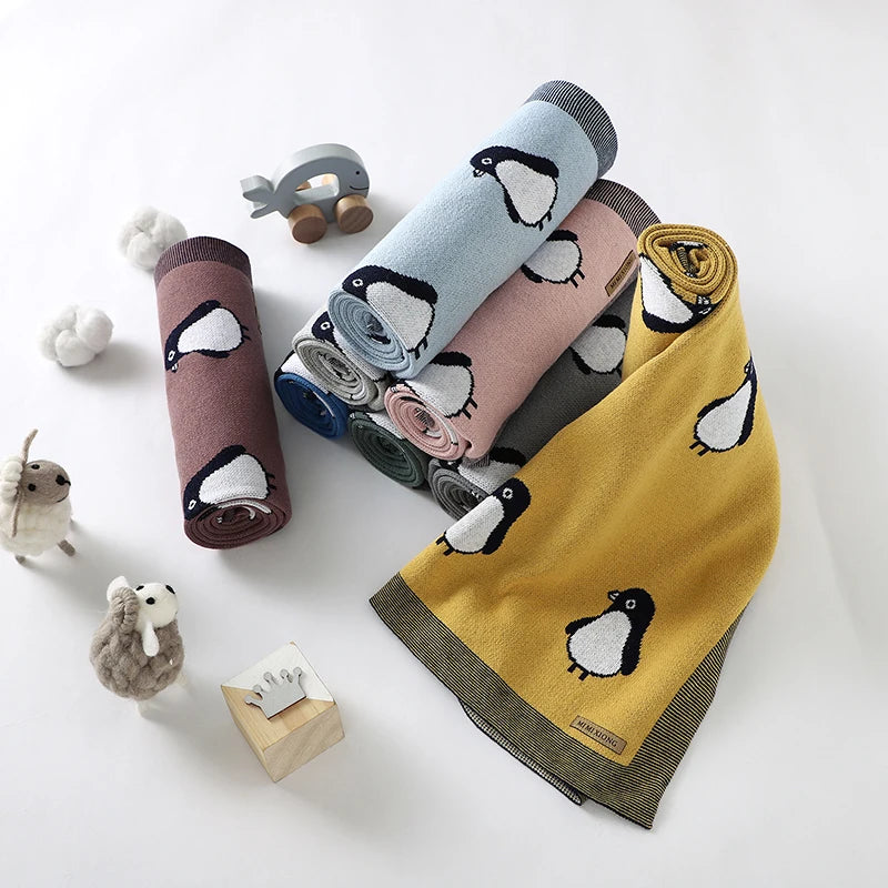 Newborn Baby Blanket Cotton Plaid Knit Toddler Boy Girl Stroller Wrap Swaddle Infant Bed Sleeping Covers Cute Penguin Soft Quilt