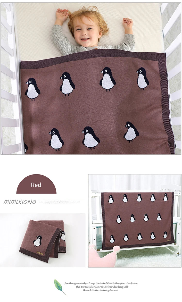 Newborn Baby Blanket Cotton Plaid Knit Toddler Boy Girl Stroller Wrap Swaddle Infant Bed Sleeping Covers Cute Penguin Soft Quilt
