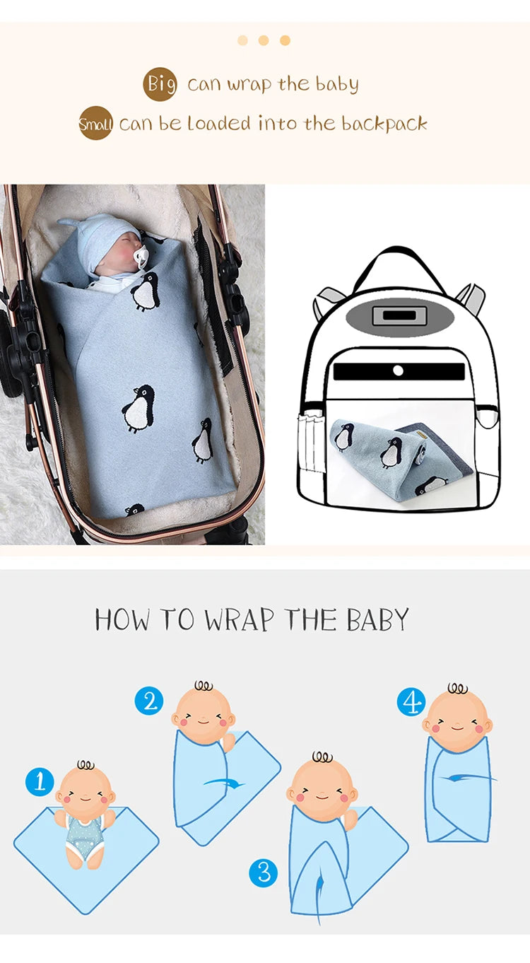 Newborn Baby Blanket Cotton Plaid Knit Toddler Boy Girl Stroller Wrap Swaddle Infant Bed Sleeping Covers Cute Penguin Soft Quilt