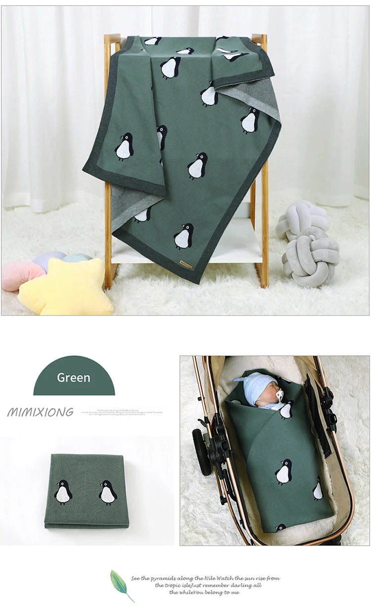 Newborn Baby Blanket Cotton Plaid Knit Toddler Boy Girl Stroller Wrap Swaddle Infant Bed Sleeping Covers Cute Penguin Soft Quilt