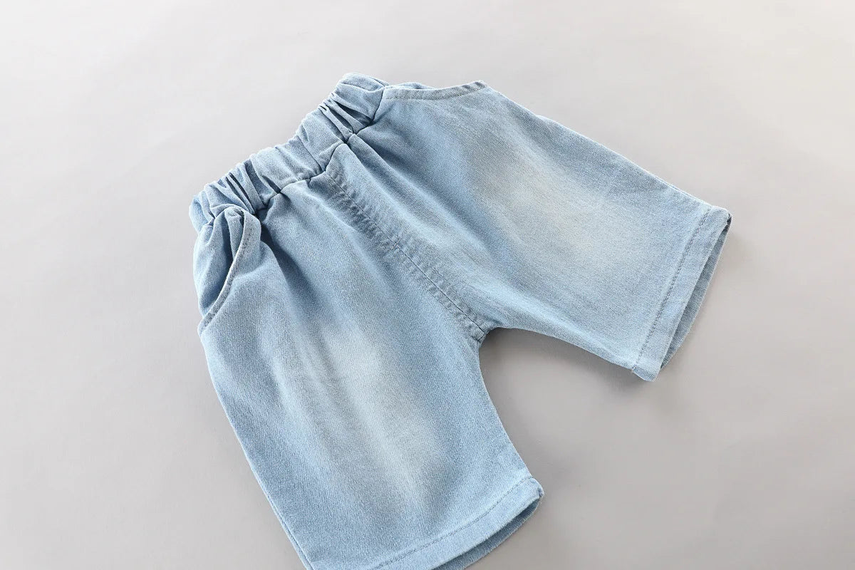 New Toddler Boys Fashion Casual Clothes Outfits 0-5years Baby Girls Print T-shirt with Cartoon Bag+Denim Shorts Summer Clothing