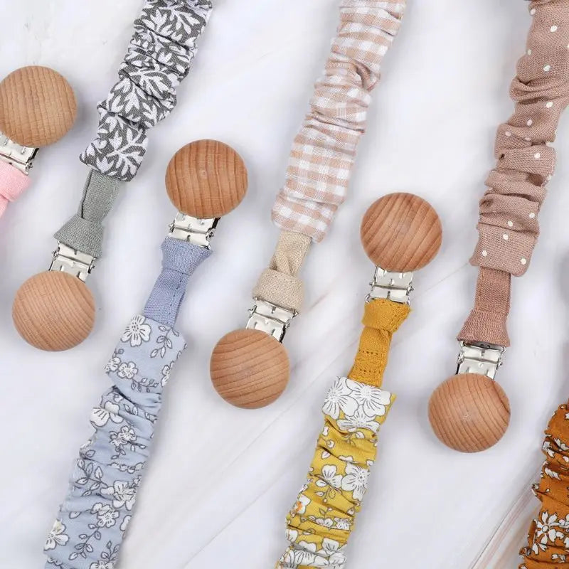 Baby Cotton Pacifier Chain Beech Wood Clip Infant Teething Toys Holder For Nipples Teether