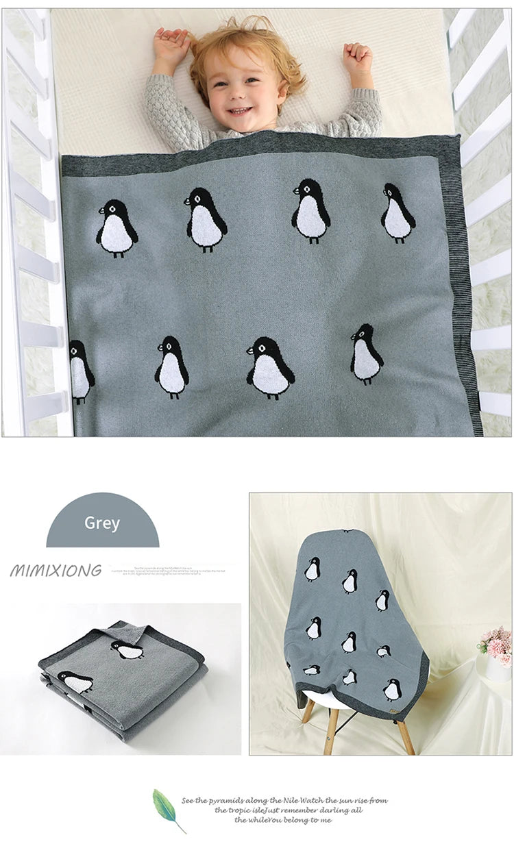 Newborn Baby Blanket Cotton Plaid Knit Toddler Boy Girl Stroller Wrap Swaddle Infant Bed Sleeping Covers Cute Penguin Soft Quilt