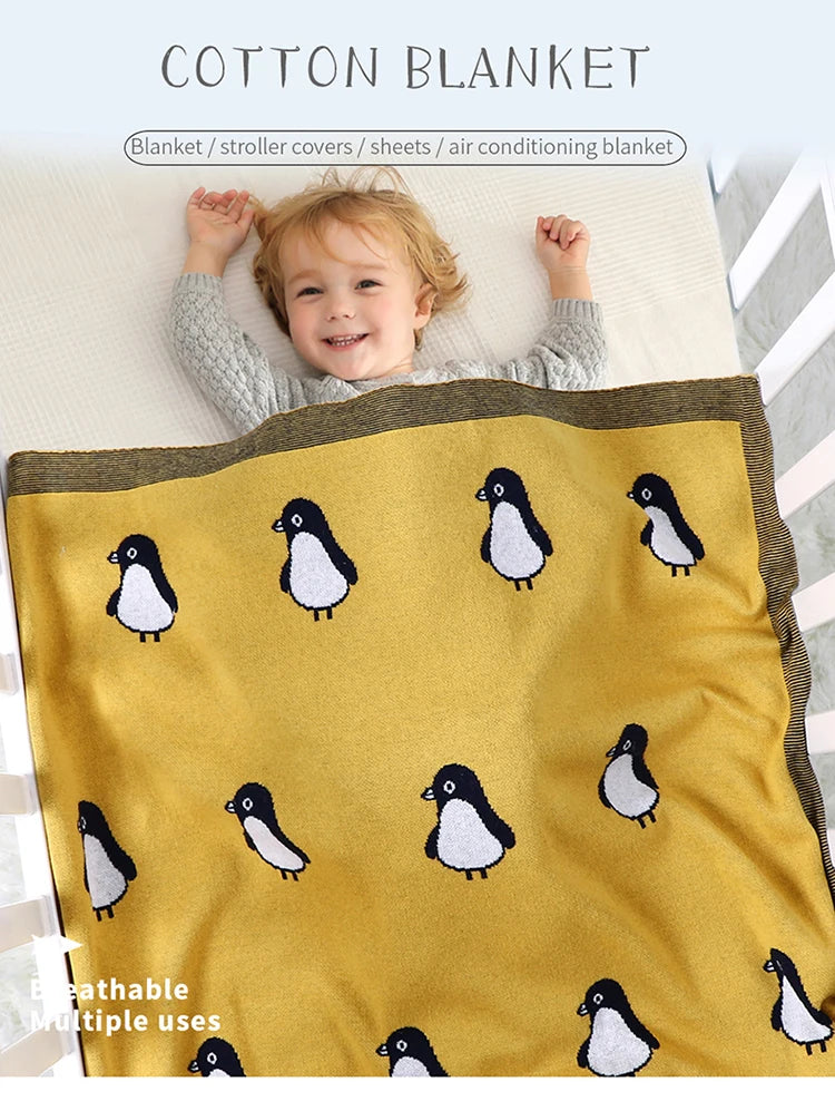 Newborn Baby Blanket Cotton Plaid Knit Toddler Boy Girl Stroller Wrap Swaddle Infant Bed Sleeping Covers Cute Penguin Soft Quilt