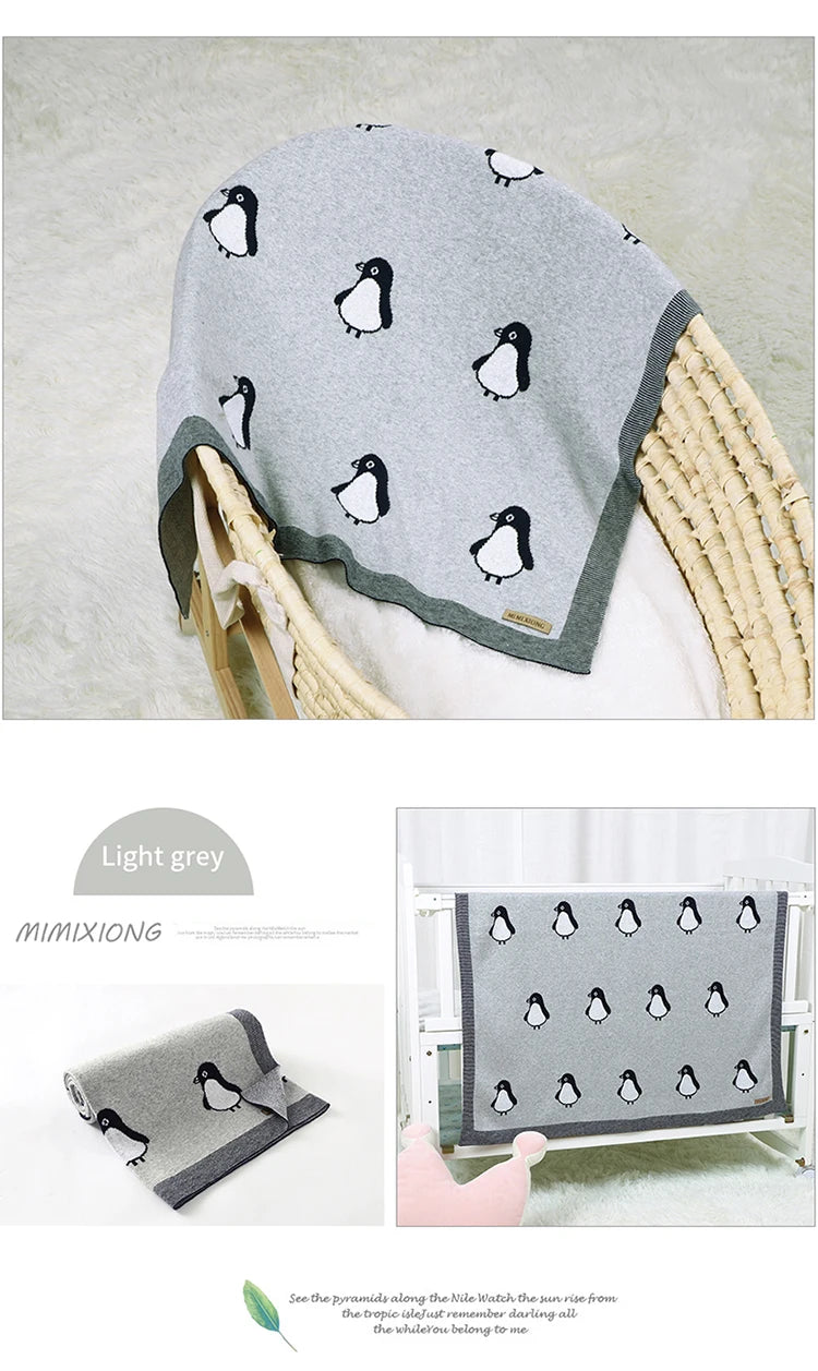 Newborn Baby Blanket Cotton Plaid Knit Toddler Boy Girl Stroller Wrap Swaddle Infant Bed Sleeping Covers Cute Penguin Soft Quilt