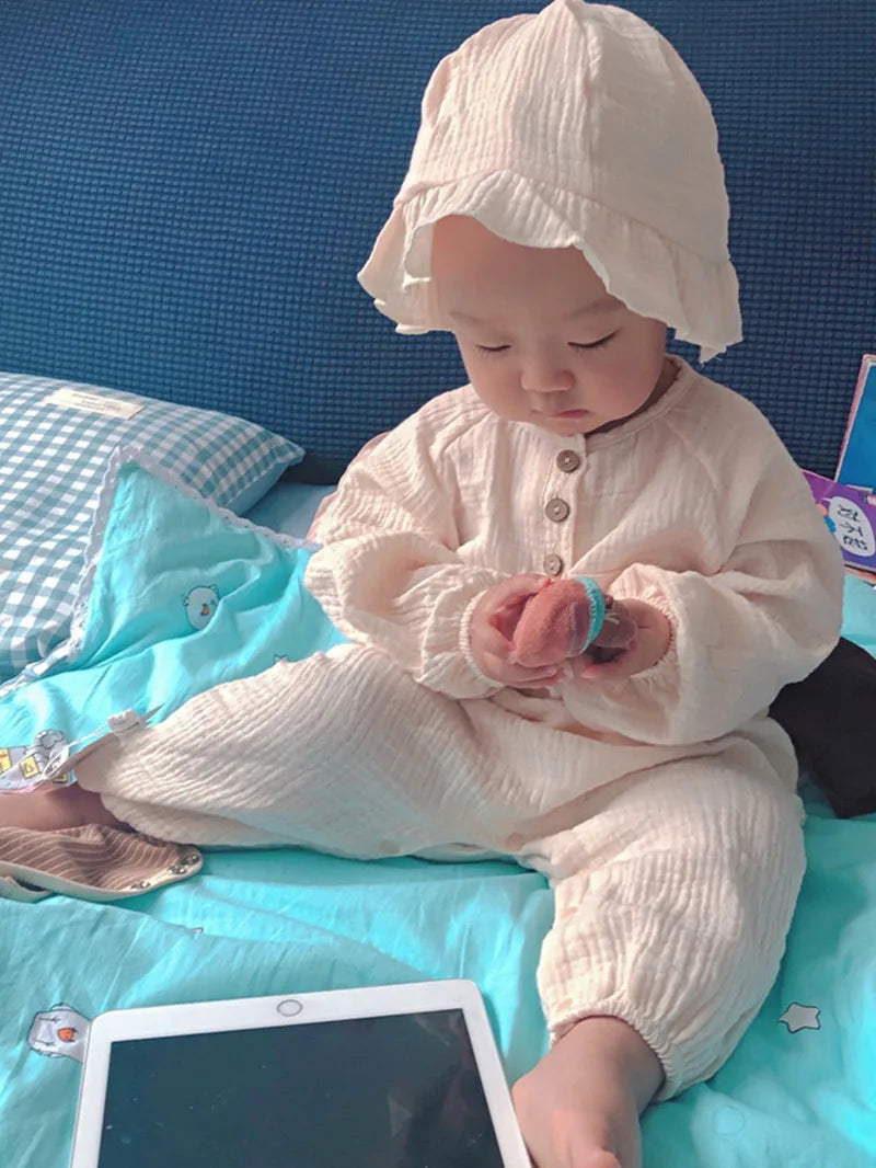 Baby Boys Girls Clothes Newborn Jumpsuit + Hats Infant Muslin Cotton Long Sleeve Romper 0-24 Month