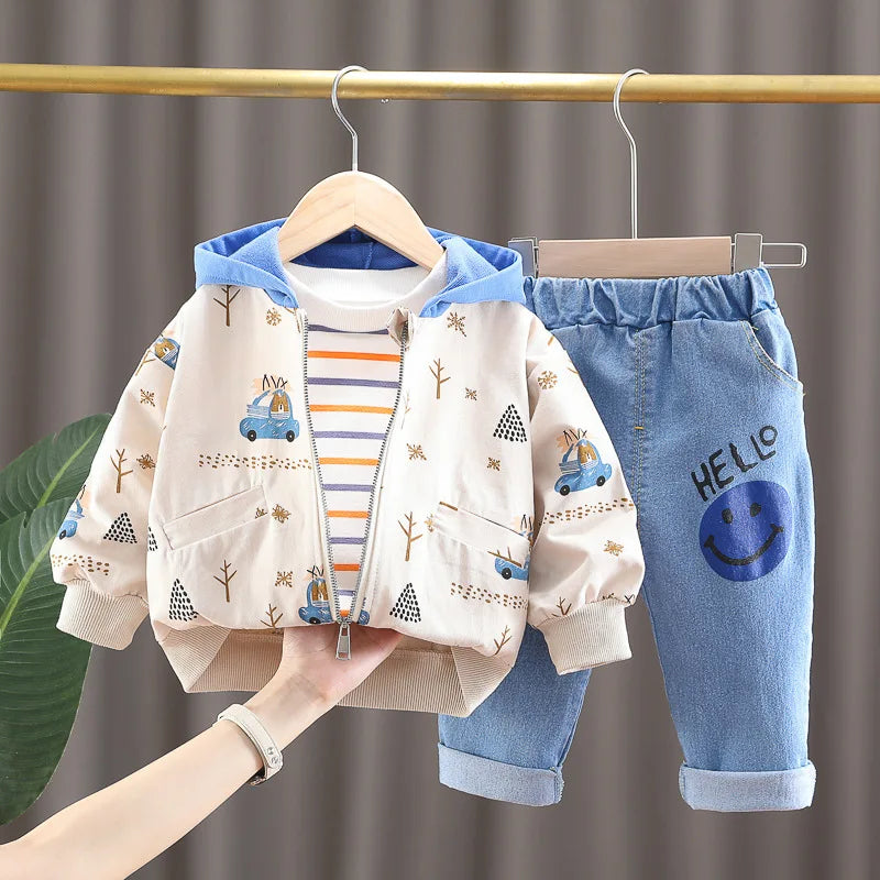 0-4 years old autumn new fashion cute car baby suit boys and girls long-sleeved striped three-piece children's sports suit
