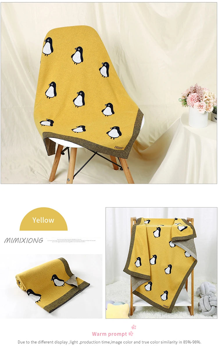 Newborn Baby Blanket Cotton Plaid Knit Toddler Boy Girl Stroller Wrap Swaddle Infant Bed Sleeping Covers Cute Penguin Soft Quilt