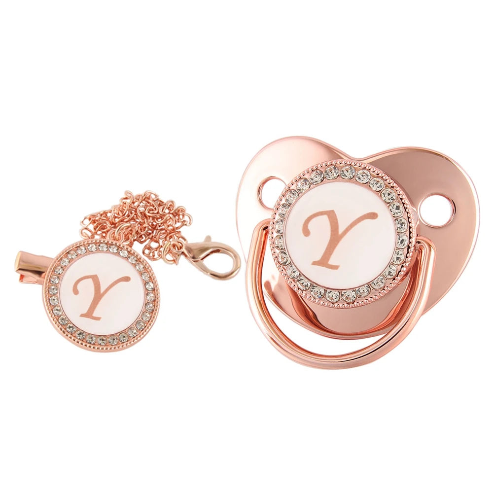 26 Letters Baby Pacifier Clip Rose Gold Bling Pacifiers Holder Silicone Soother Nipple Dummy Baby Shower Gifts