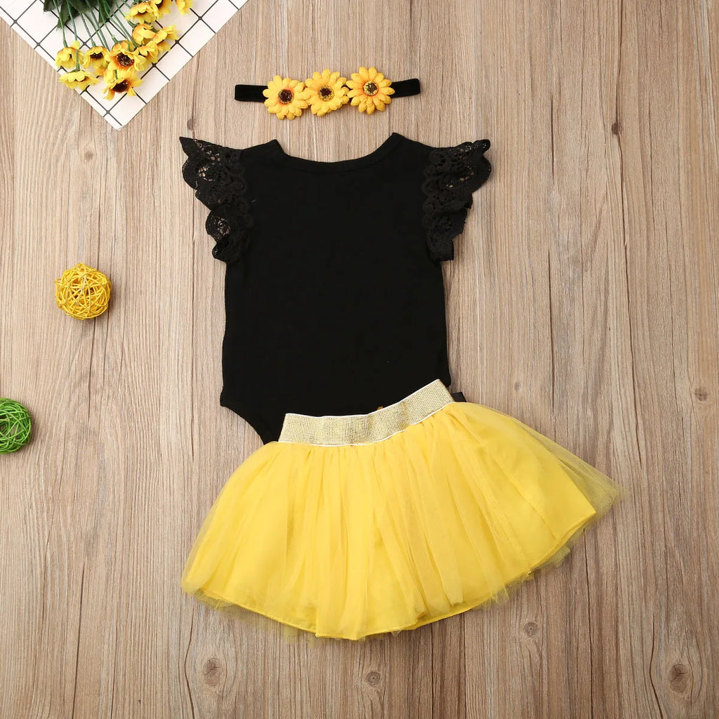 3Pcs Baby Girl Clothes Newborn Lace Ruffle Sleeveless Romper Tops Girls Mini Tulle Skirt Headband Outfits Set