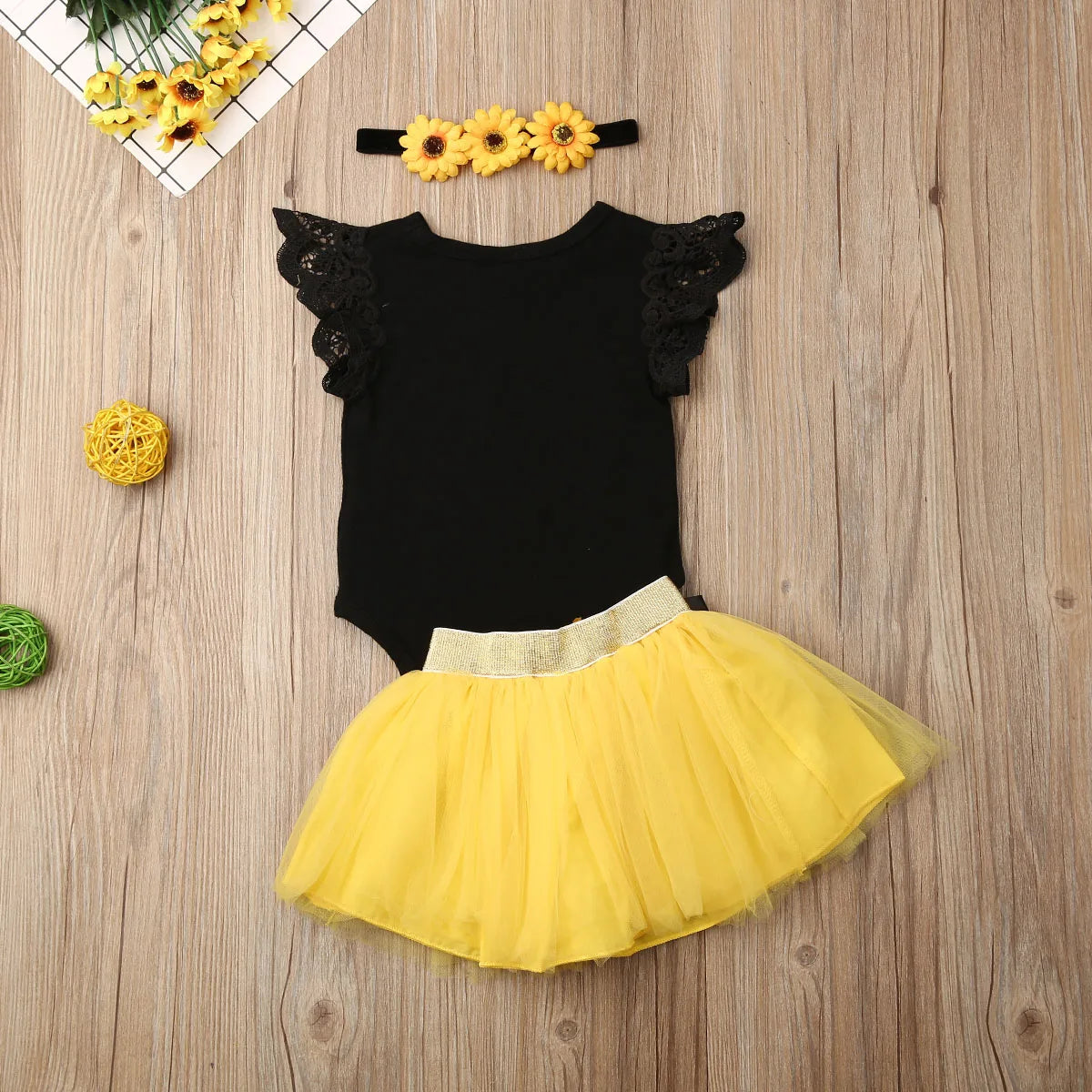3Pcs Baby Girl Clothes Newborn Lace Ruffle Sleeveless Romper Tops Girls Mini Tulle Skirt Headband Outfits Set