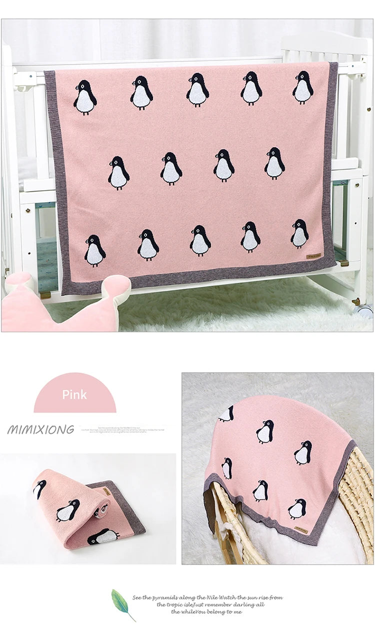 Newborn Baby Blanket Cotton Plaid Knit Toddler Boy Girl Stroller Wrap Swaddle Infant Bed Sleeping Covers Cute Penguin Soft Quilt