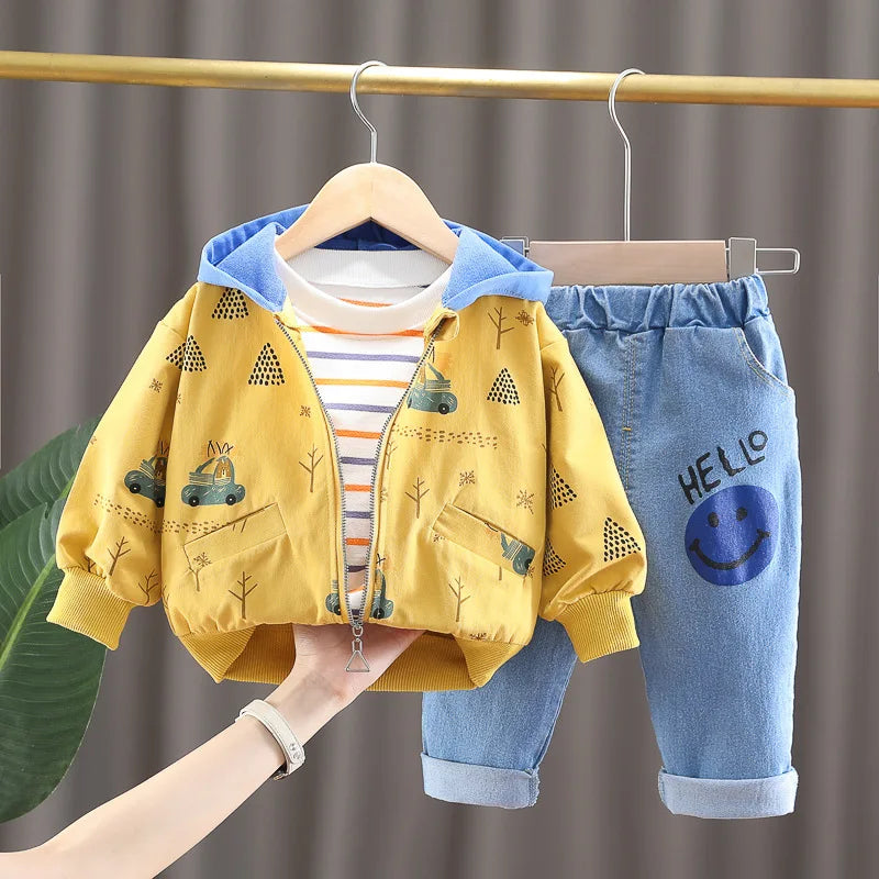 0-4 years old autumn new fashion cute car baby suit boys and girls long-sleeved striped three-piece children's sports suit
