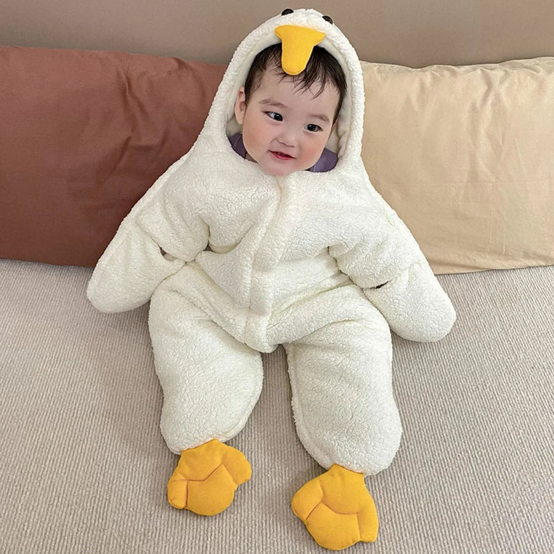 Cartoon Baby Clothes Boy Rompers Long Sleeve Fleece Hooded Baby Girl Romper Winter Warm Newborn Jumpsuit Clothes 0-7 Months