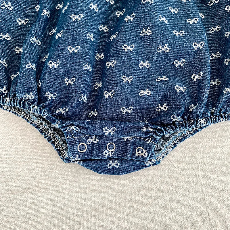 Toddler Sister Denim Bow Print 2-6Yrs Dress & 0-24M Baby Romper Ruffle Lace Collar Long Sleeve Infant Girls Sibling Clothes