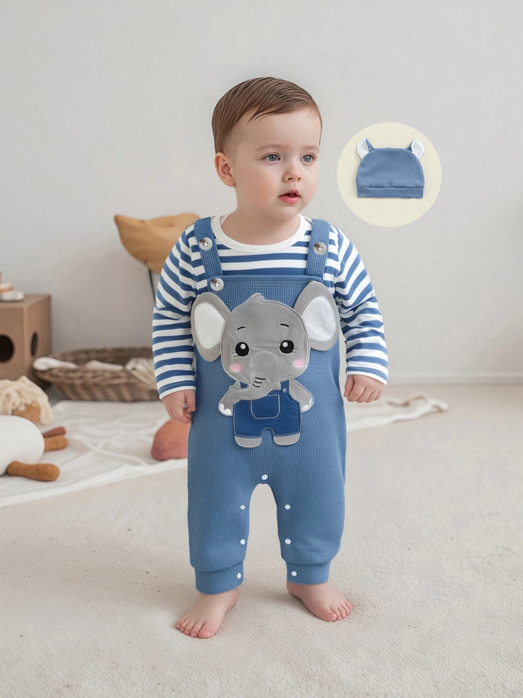 Cute Infant Newborn Baby Boys 3Pcs Outfit Cute Baby Clothes Long Sleeve Striped Romper Animal Embroidery Overalls Hat Clothes