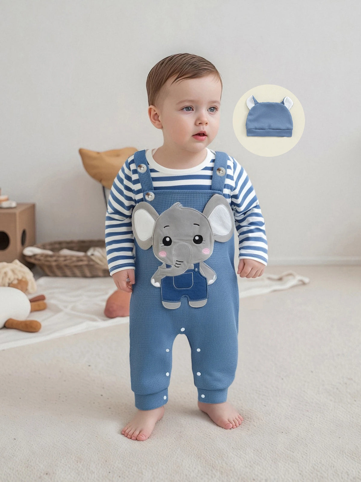 Cute Infant Newborn Baby Boys 3Pcs Outfit Cute Baby Clothes Long Sleeve Striped Romper Animal Embroidery Overalls Hat Clothes