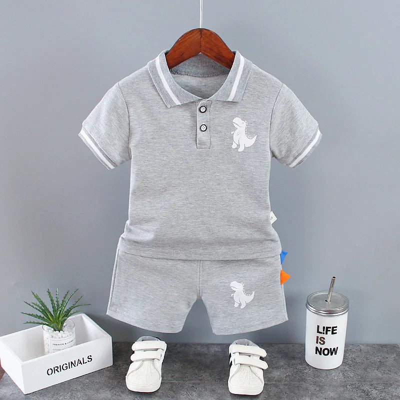 New Summer Outfits Baby Boys 9 To 12 Months Dinosaur Printed Turn-down Collar T-shirts Tops and Shorts 2PCS Infant Clothing Sets
