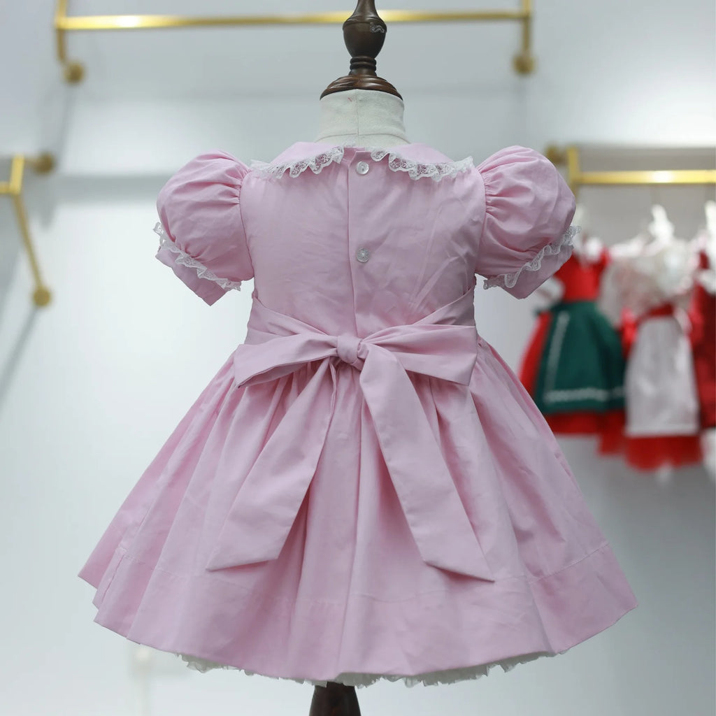 0-12Y Baby Girl Summer Pink Flower Handmade Embroidery Smocked Dress for Eid Birthday Party Holiday Photography Casual A150