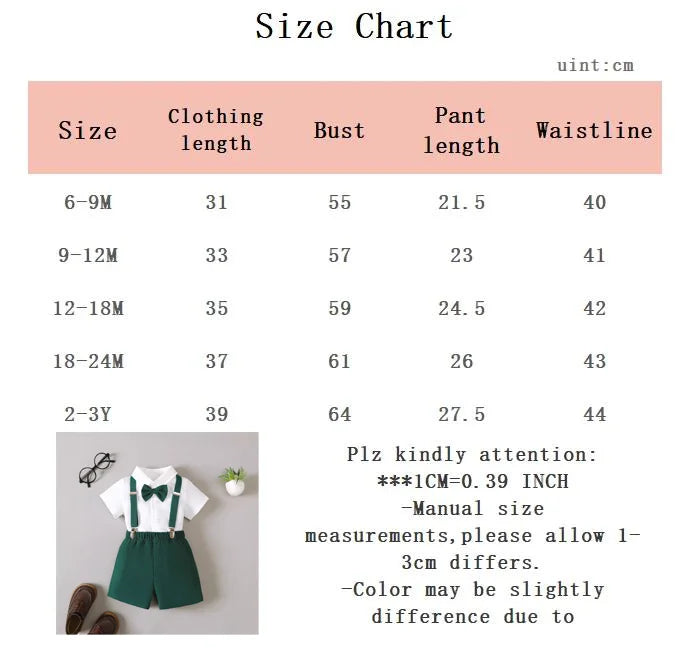 0-3 Year Old Baby Boy Set Bow Tie Collar Shirt Top and Green Shorts Suitable Baby Boy Summer Fashionable Shooting Clothing