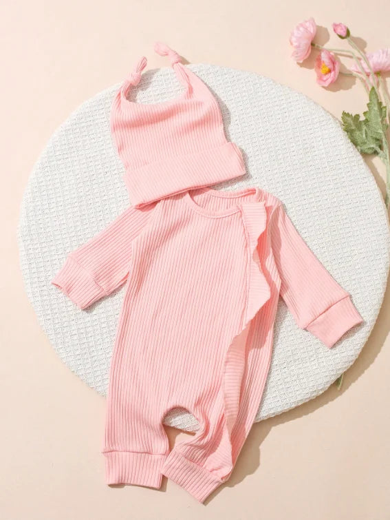 Newborn Photography Clothes Ribbed Romper Bunny Ear Hat Set Infant Zipper Closure Long Sleeve Baby Jumpsuit Coming Home OutfitHD