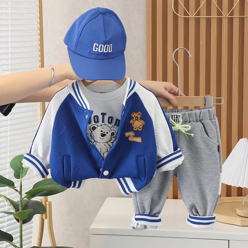0-4 years old autumn new fashion cute car baby suit boys and girls long-sleeved striped three-piece children's sports suit