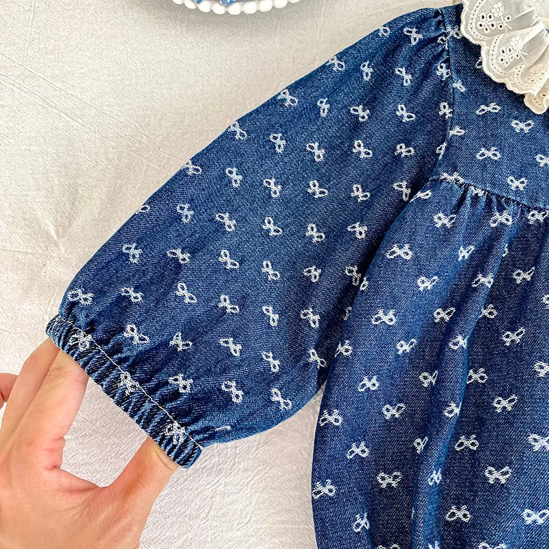 Toddler Sister Denim Bow Print 2-6Yrs Dress & 0-24M Baby Romper Ruffle Lace Collar Long Sleeve Infant Girls Sibling Clothes