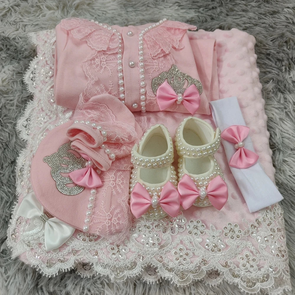 Newborn Baby Girl Coming Home Hospital Outfit Sequines Lace Tulle Romper Onesie with Blanket Princess Boho Clothes Photo Shoot