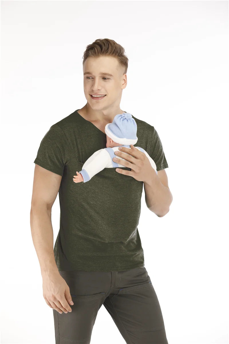 Safety Kangaroo Pocket T Shirt Baby Carrier Pregnancy Clothes Summer Short Sleeve Mother Father Top for Feeding Big Nylon Cotton