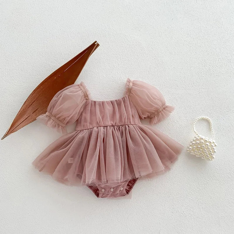 2026 Summer Baby Clothes 100 Day Baptism Birthday Party Sleeveless Jumpsuit Mesh Bow Romper Girl Princess Dress