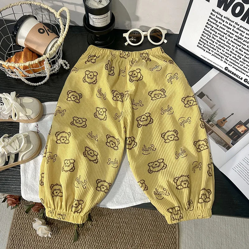 1 to 6 Years Spring Printed Casual Sweatpants Kids Girls Boys Corduroy Pants Loose Design Soft Children Trousers