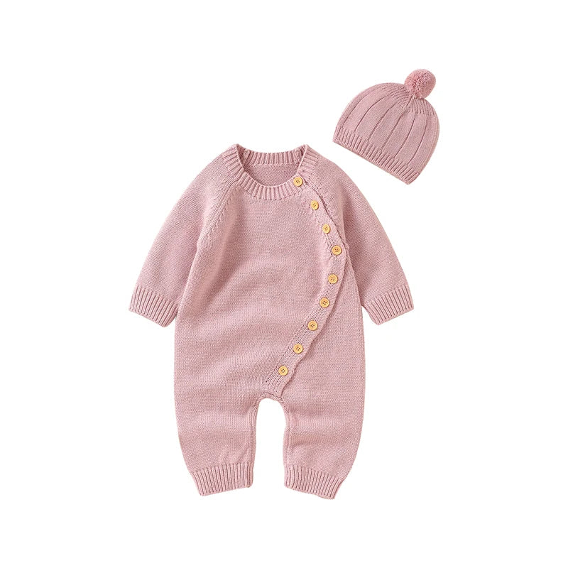 Baby Rompers Clothes Spring Autumn Solid Full Sleeve Knitted Newborn Infant Boys Girls Jumpsuits Hats Outfits Sets 0-18m Costume
