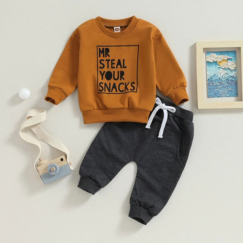 2PCS Toddler Boys Clothes Sets Long Sleeve Letter Print Sweatshirt Tops and Drawstring Pants Spring Fall lSets