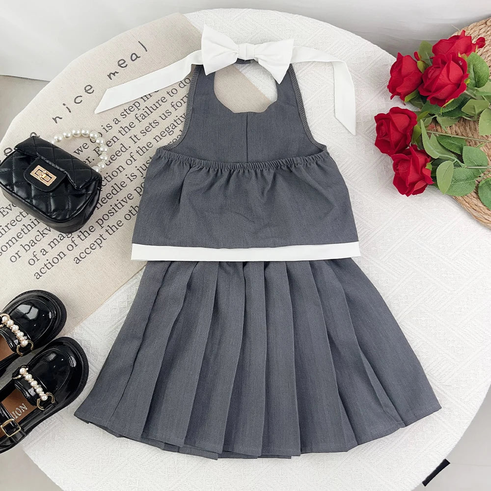 3-7 Year Old Fashionable Street Style Hanging Neck Gray Girls' Clothing Summer New Bow Sleeveless Backless Top + Pleated Skirt