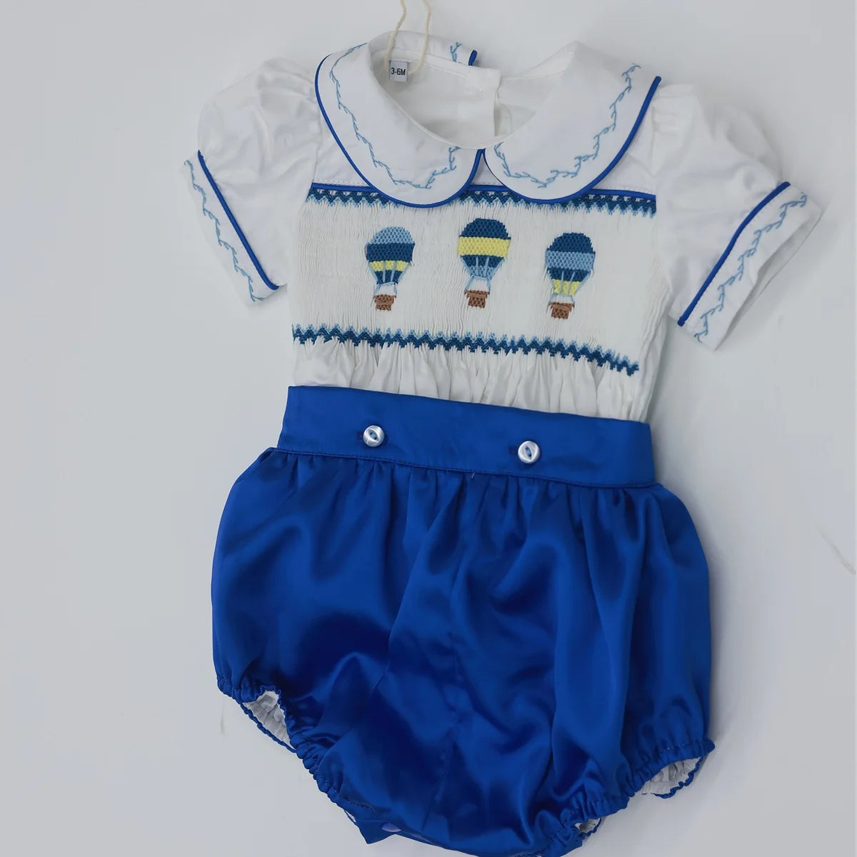 0-6Y Baby Boy Summer Short Sleeves Hot Air Balloon Handmade Embrodery Smocked Blue Outfit Suit for Birthday Holiday  Casual A12