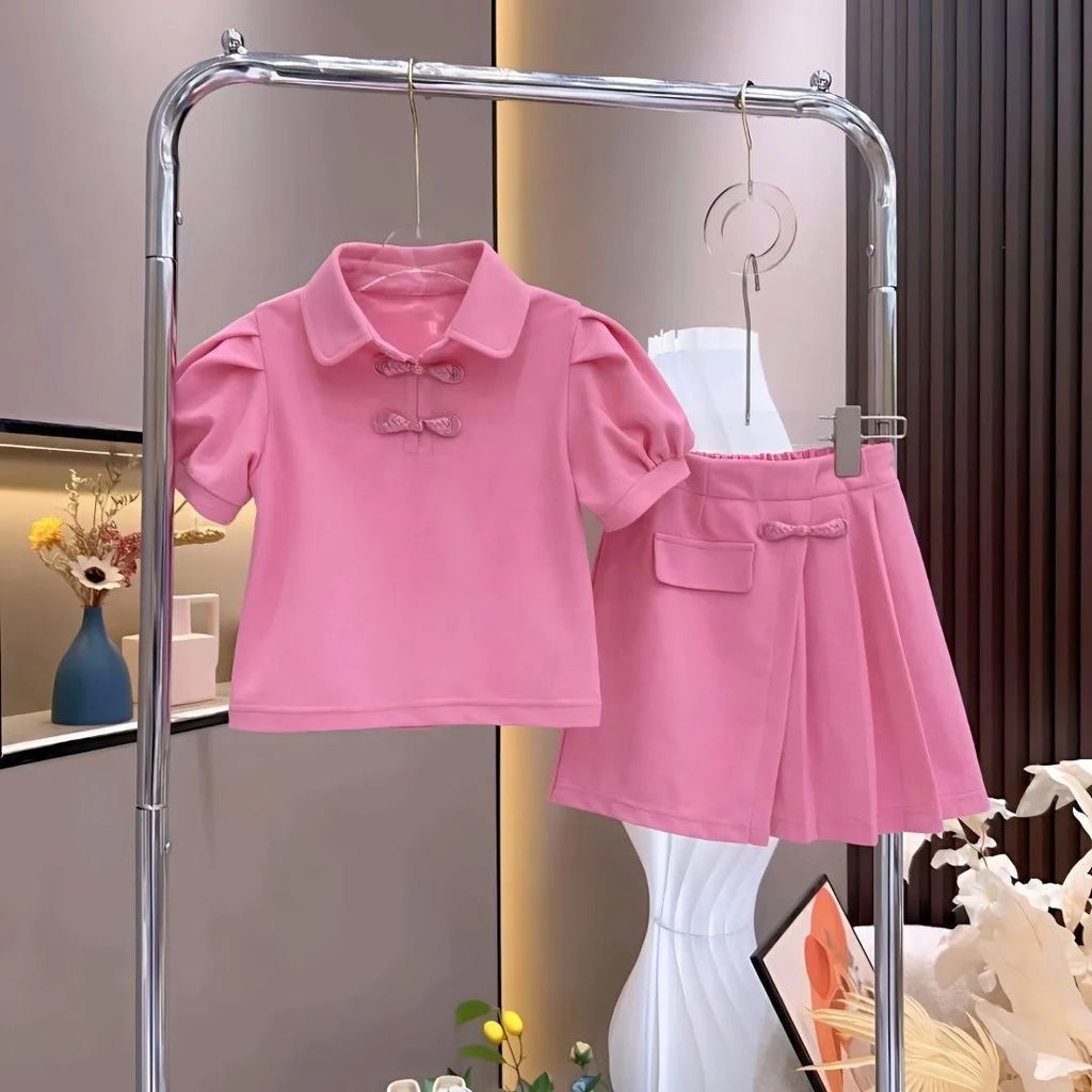 2026 summer child teenager Girls Clothes slim short sleeve rose red sweatshirt T-shirt and mini Pleated skirt 4 8 9 10 12 Year