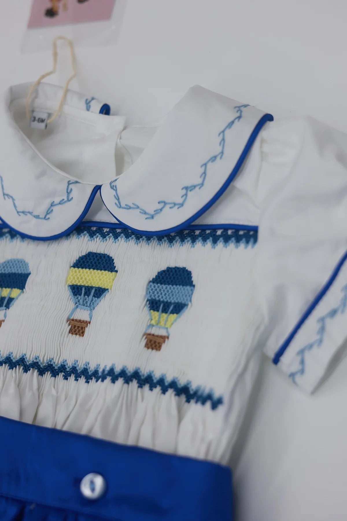 0-6Y Baby Boy Summer Short Sleeves Hot Air Balloon Handmade Embrodery Smocked Blue Outfit Suit for Birthday Holiday  Casual A12