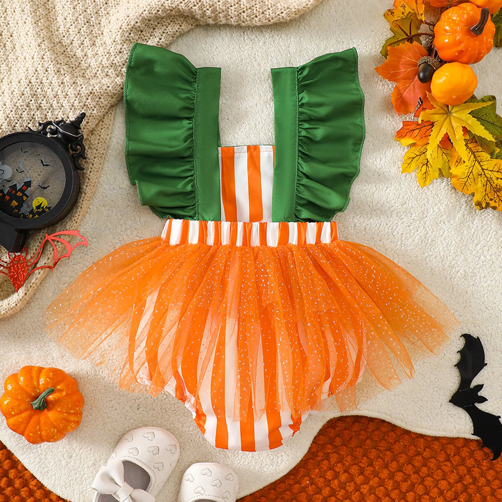 Halloween Infant Baby Girl Striped Romper Fly Sleeve Mesh Bodysuit Toddler Cotton Overall Mesh Pumpkin Face Cute Fall Clothes