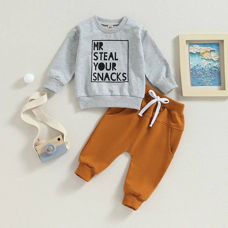 2PCS Toddler Boys Clothes Sets Long Sleeve Letter Print Sweatshirt Tops and Drawstring Pants Spring Fall lSets