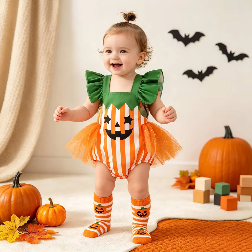 Halloween Infant Baby Girl Striped Romper Fly Sleeve Mesh Bodysuit Toddler Cotton Overall Mesh Pumpkin Face Cute Fall Clothes