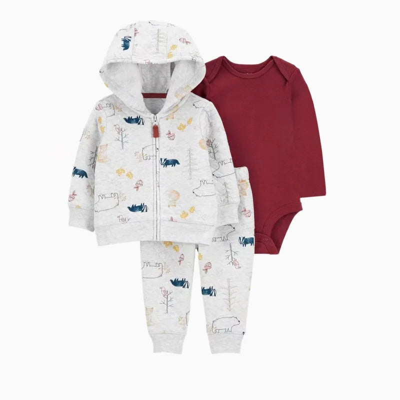 Newborn Infant Baby Girl Boy Clothes Sets Spring Autumn Cotton Long-Sleeve Hooded Coat+Romper+Trousers 3PCS Warm Kids Clothes