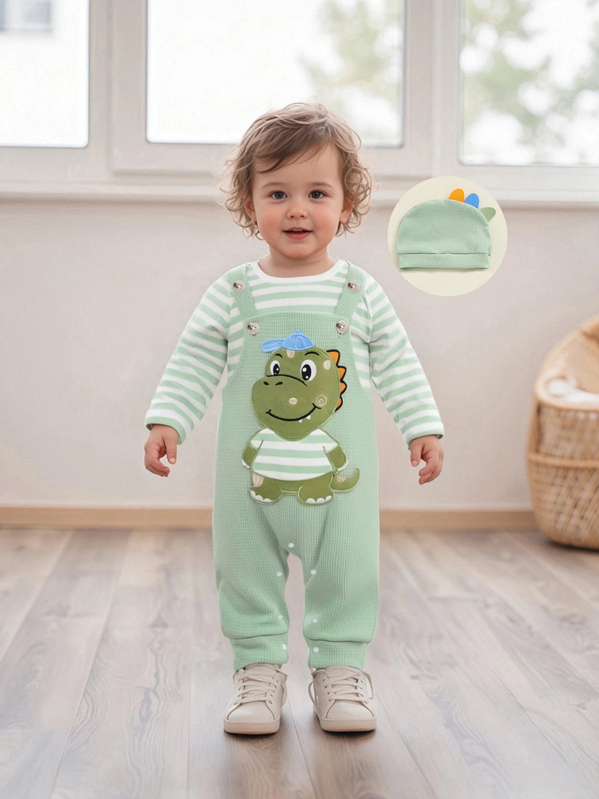 Cute Infant Newborn Baby Boys 3Pcs Outfit Cute Baby Clothes Long Sleeve Striped Romper Animal Embroidery Overalls Hat Clothes