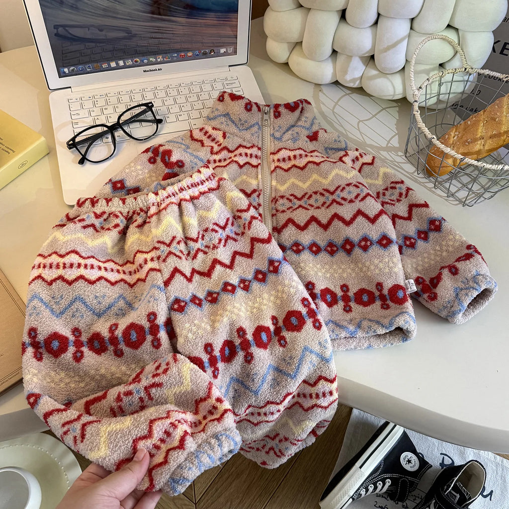 0-4 Years Old Toddler Suit Winter Flannel Home Outdoor Suit Children Pajamas Boy Girl Cartoon Thick Coral Velvet Two-Piece Set