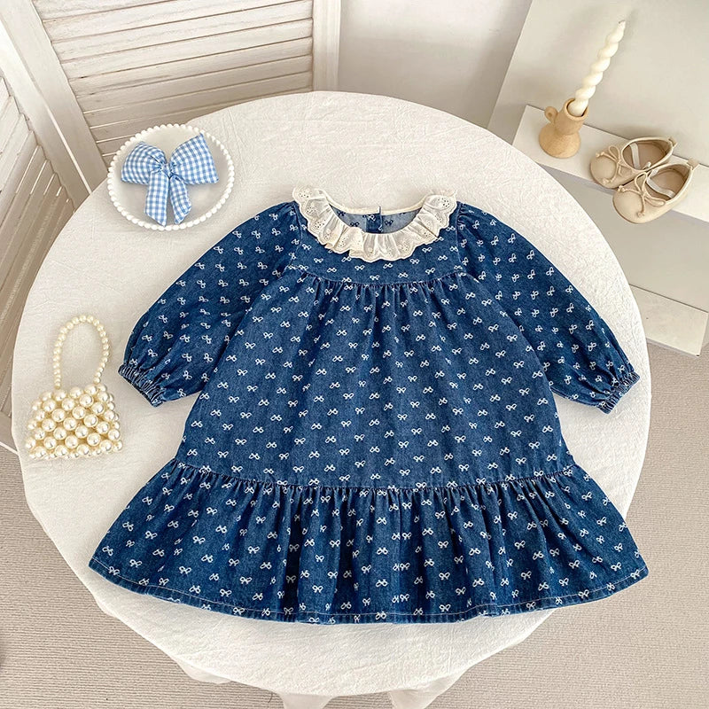 Toddler Sister Denim Bow Print 2-6Yrs Dress & 0-24M Baby Romper Ruffle Lace Collar Long Sleeve Infant Girls Sibling Clothes