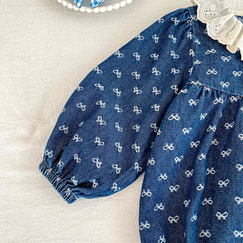 Toddler Sister Denim Bow Print 2-6Yrs Dress & 0-24M Baby Romper Ruffle Lace Collar Long Sleeve Infant Girls Sibling Clothes