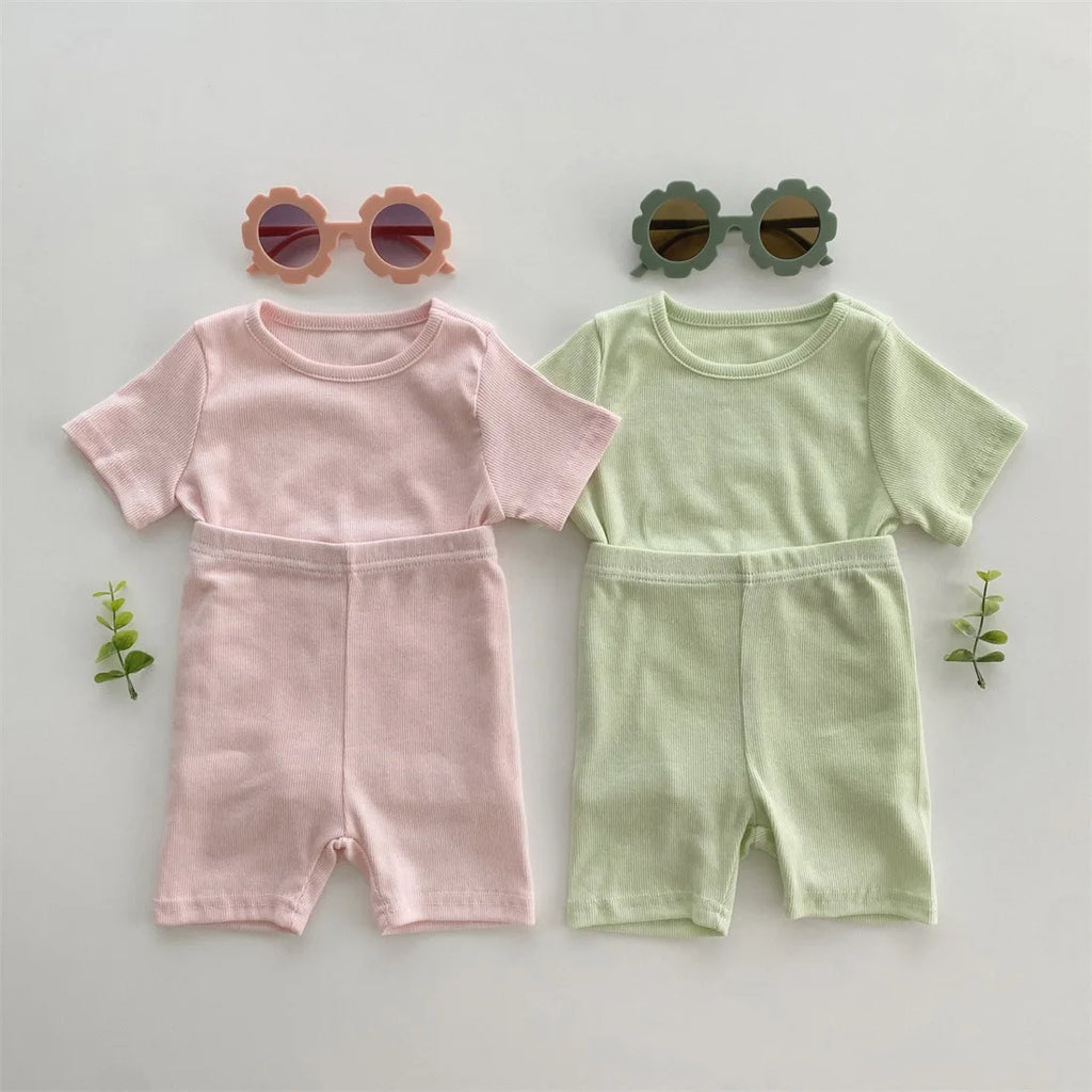 Baby Cotton Ribbed Clothes Set Short Sleeve Tops + Shorts 2pcs Suit Candy Color Baby Girl T Shirts Solid Boys Shorts Outfits