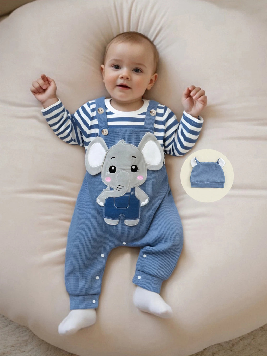 Cute Infant Newborn Baby Boys 3Pcs Outfit Cute Baby Clothes Long Sleeve Striped Romper Animal Embroidery Overalls Hat Clothes